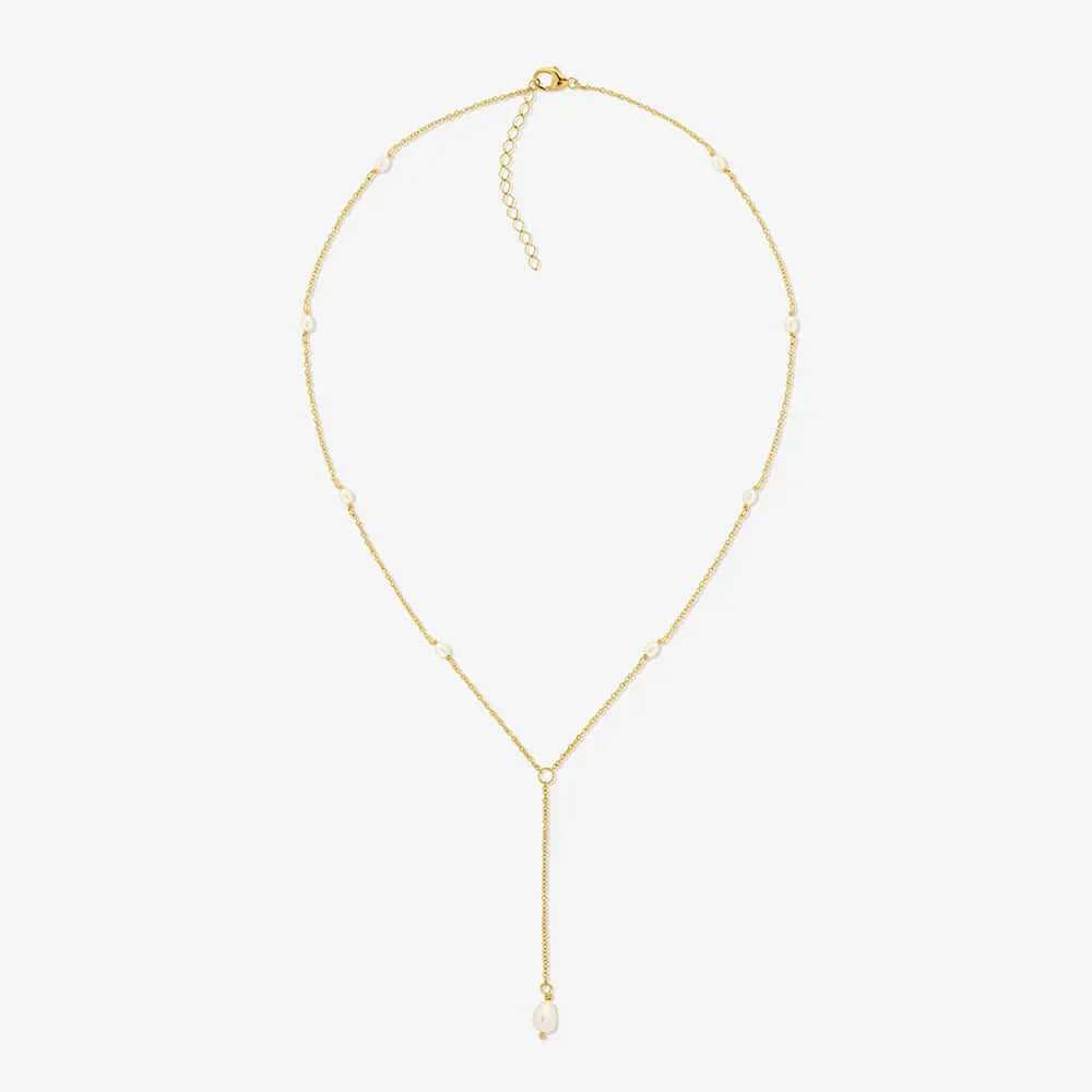 Dainty fresh water pearl necklace with a gold plated chain, featuring elegant pearls for a timeless look.