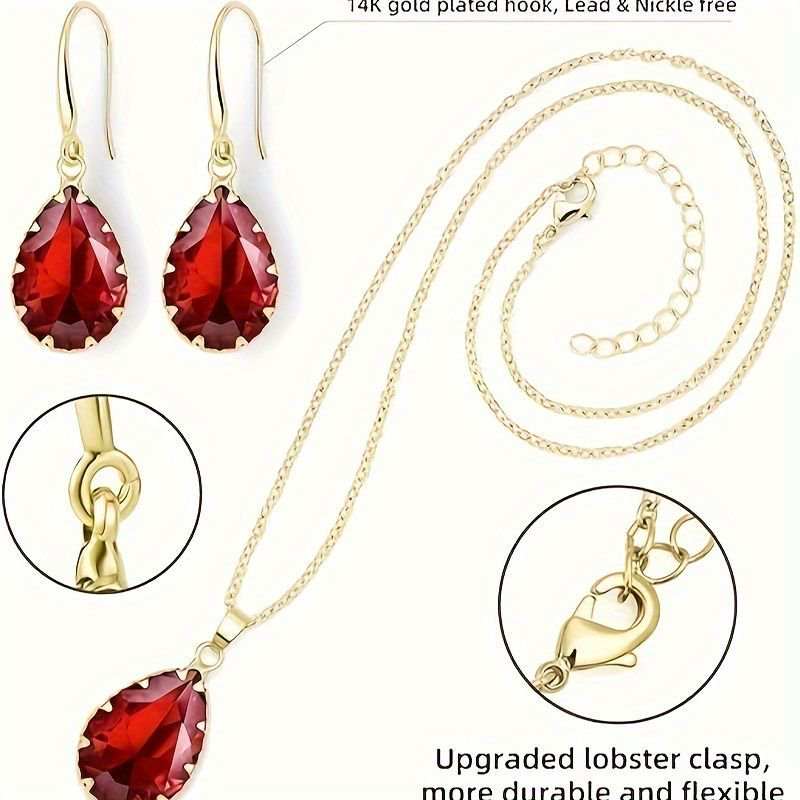 Dazzling rose gold necklace and earrings set with pear-shaped red cubic zirconia stones and upgraded lobster clasp