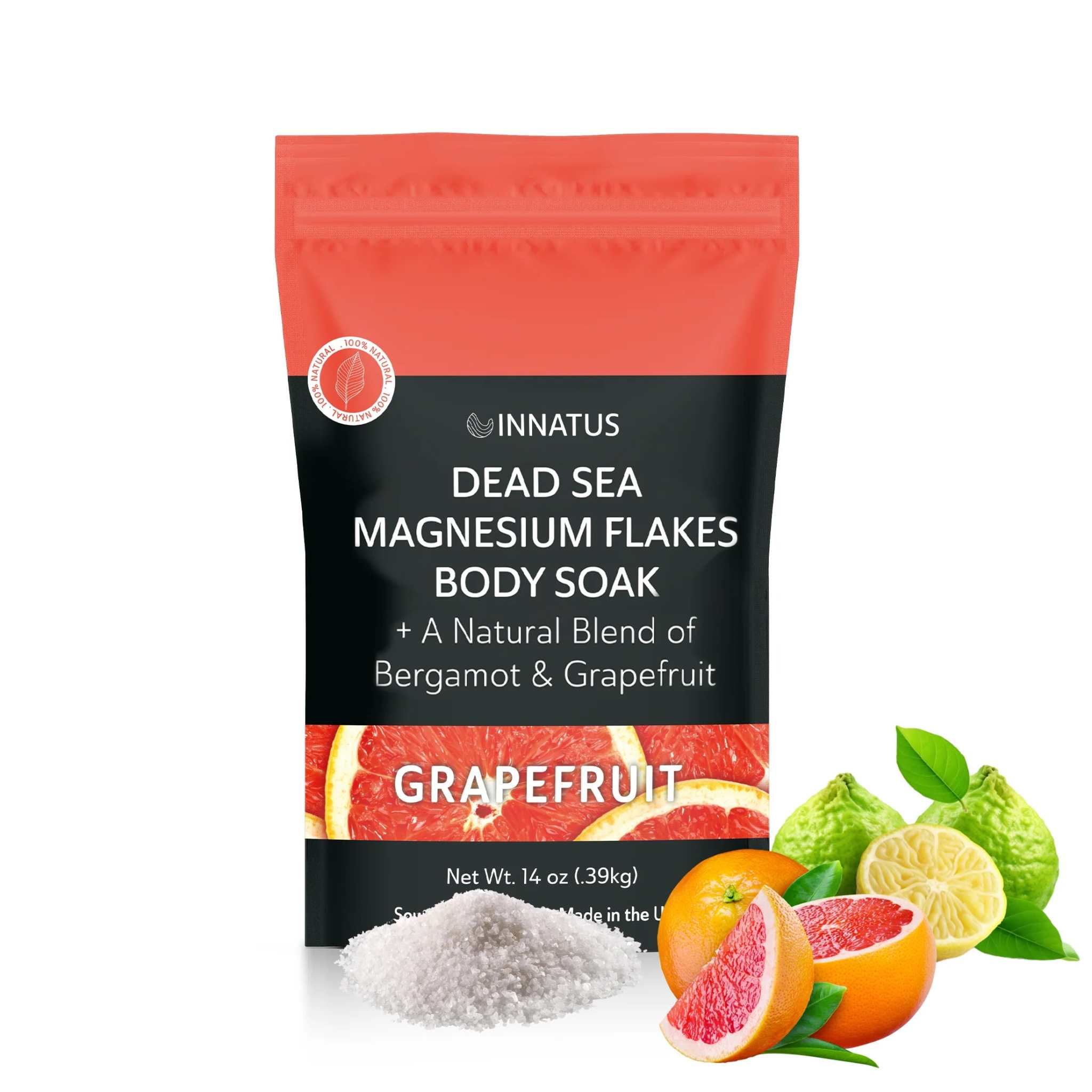 Dead Sea magnesium flakes body soak with bergamot and grapefruit, ideal for relaxation and rejuvenation in self-care routines.