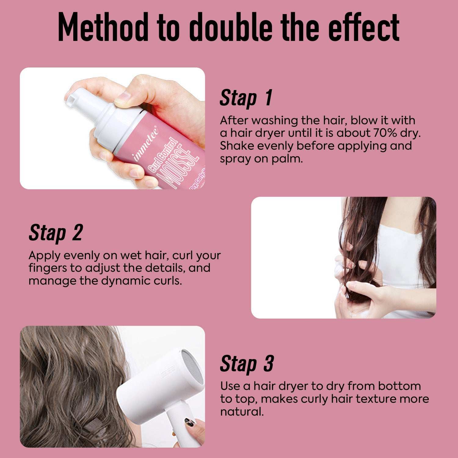 defining and moisturizing curly hair mousse with application steps for enhancing curls and hair texture