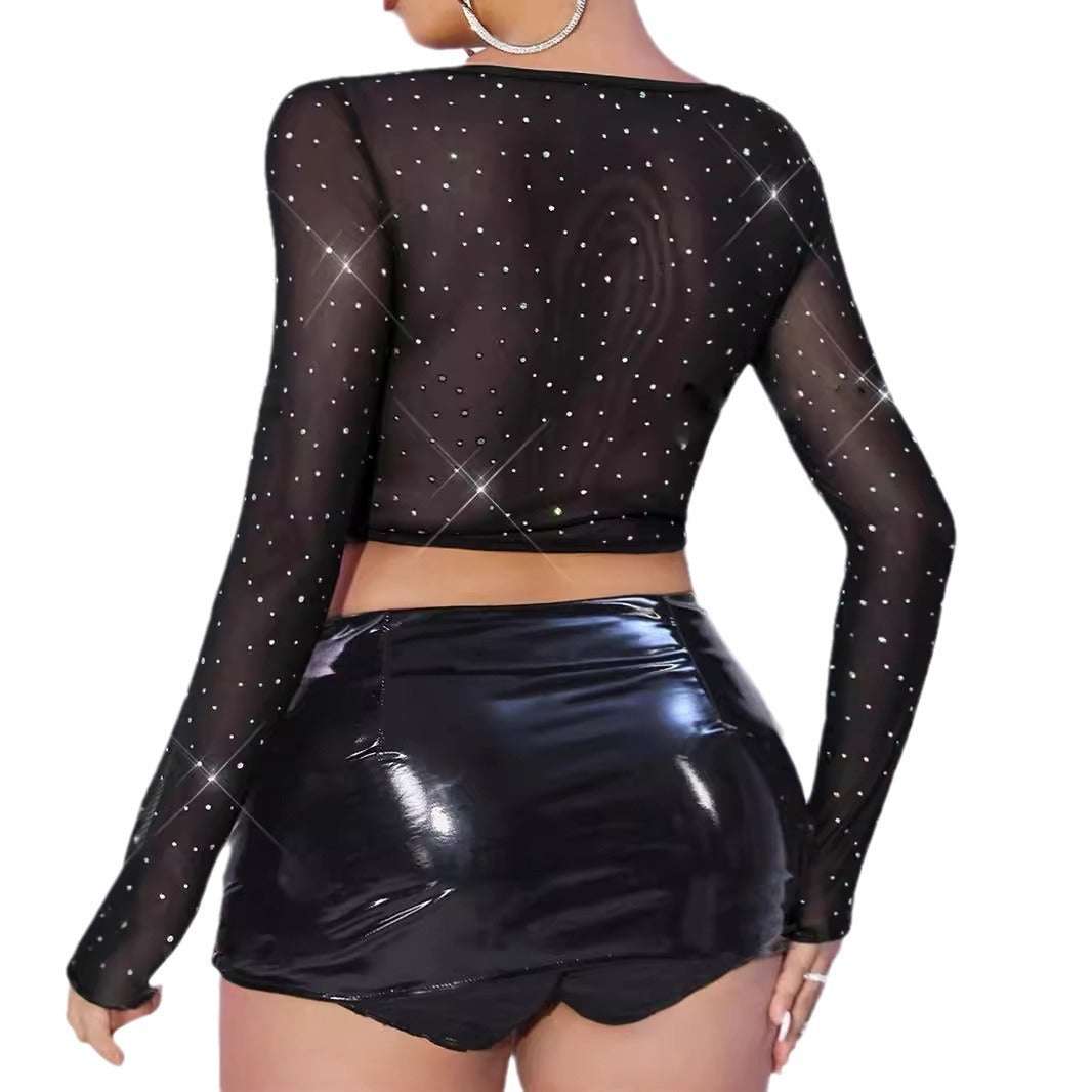 Fishbone Mesh Sequined Square Collar Hot Girl Long Sleeve Top