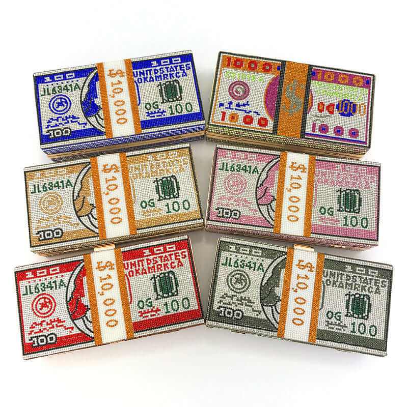 Colorful crystal dollar sign purses in various designs, showcasing luxury and style for fashionable women.