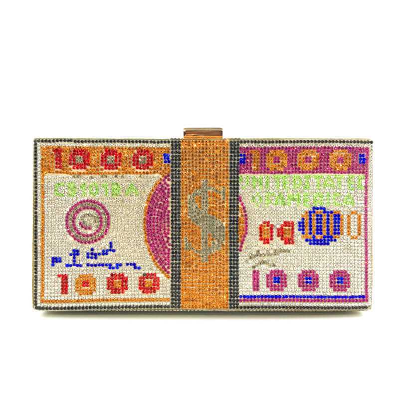 Diamond Crystal Dollar Women's Luxury Clutch Chain Purse with vibrant rhinestone embellishments in dollar bill design.