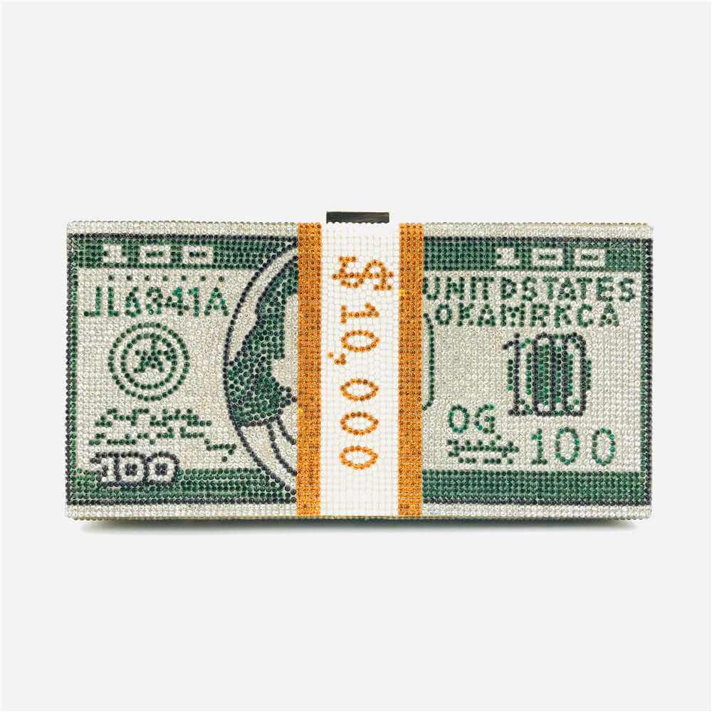 Luxury clutch purse designed as a money bill with rhinestones, perfect for stylish women.