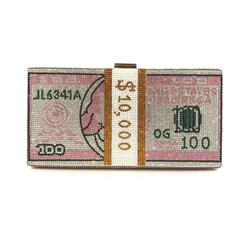 Diamond Crystal Dollar women’s clutch purse with rhinestone embellishments, featuring a faux money design.