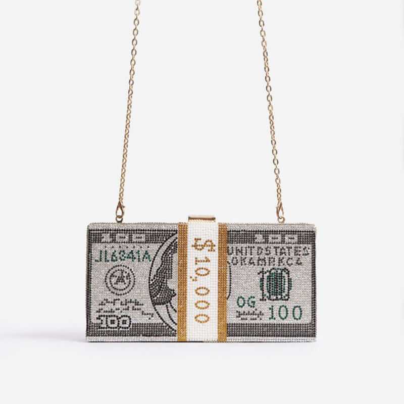 Diamond Crystal Dollar Women’s Luxury Clutch Chain Purse with rhinestone embellishments.