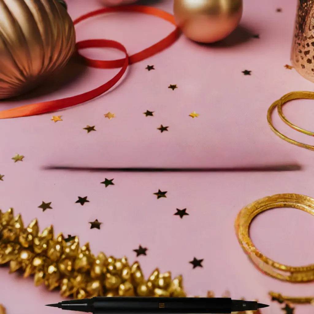 Dual Tip Precision Eye Definer Makeup Pen displayed with festive decorations on a pink background.