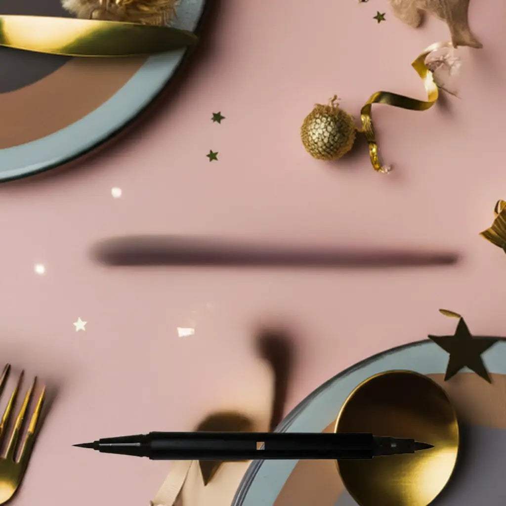 Dual Tip Precision Eye Definer Makeup Pen placed among decorative elements on a pastel background.