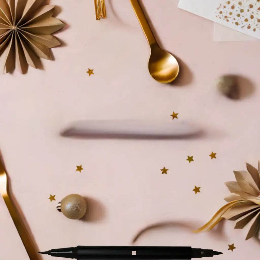 Dual Tip Precision Eye Definer Makeup Pen on a pink surface with gold decor and stars.