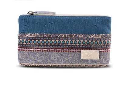 Stylish multi-pocket canvas storage purse featuring intricate patterns and a zip closure.