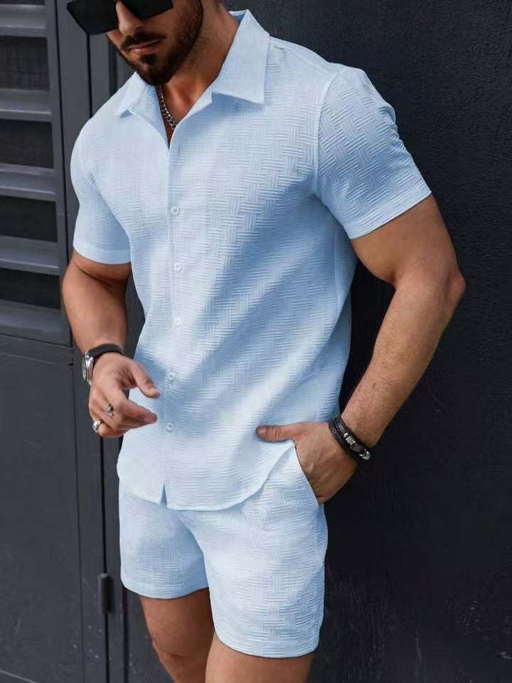Leisure Breathable Beach Two Piece Suits Mens Summer Casual Short Sleeve Shirt And Shorts Men Outfits Vintage Textured Solid Set