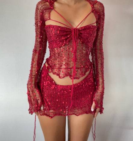 Fashion Sequin Embroidery Knitted Sweater Three-piece Set