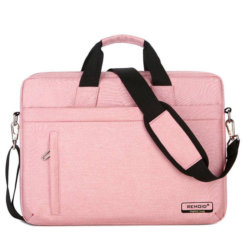 Waterproof shoulder bag for laptops, pink nylon computer bag with detachable shoulder strap and front pocket.