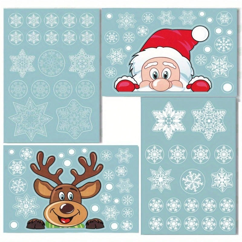 4 Sheets Of Christmas Window Clings For Glass,Santa Claus, Snowflake Wall Stickers, Static Clings, Xmas Window Decorations, Ornaments For New Year, Christmas Holiday Party Room Decorations