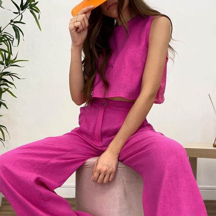 Solid Color Round Neck Sleeveless Vest Top And Trousers