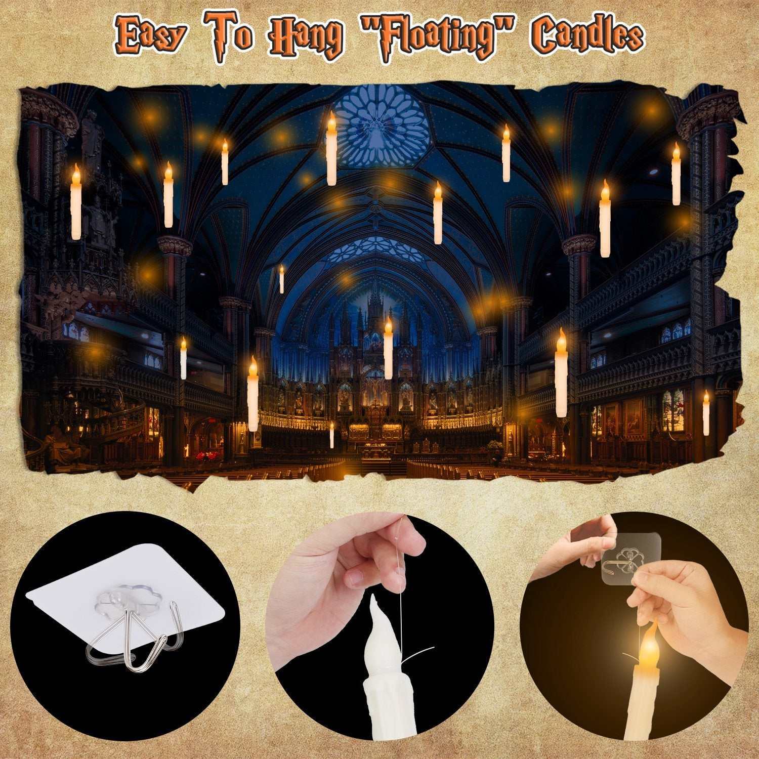 Easy to hang flameless floating candles with remote in a beautifully lit indoor setting.