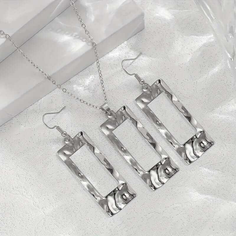 eco-friendly geometric silver rectangular necklace and earrings jewelry set