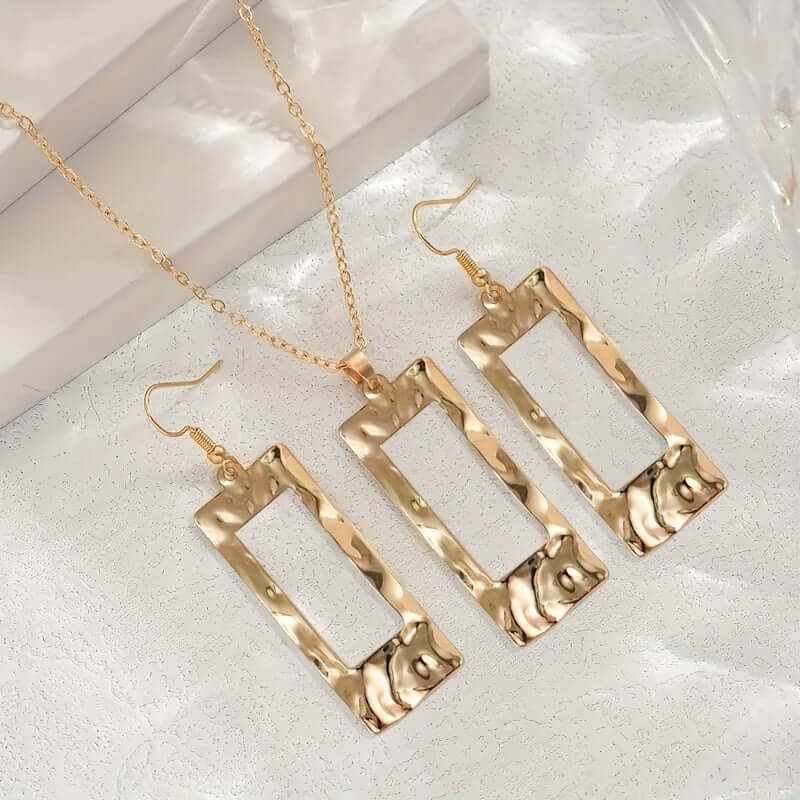 eco-friendly gold-tone geometric rectangular necklace and earrings jewelry set with hammered texture
