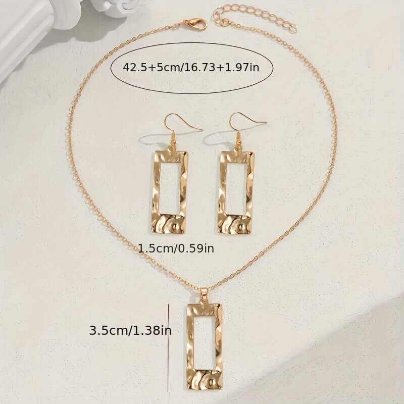 eco-friendly geometric gold metal jewelry set with rectangular hammered pendant and earrings