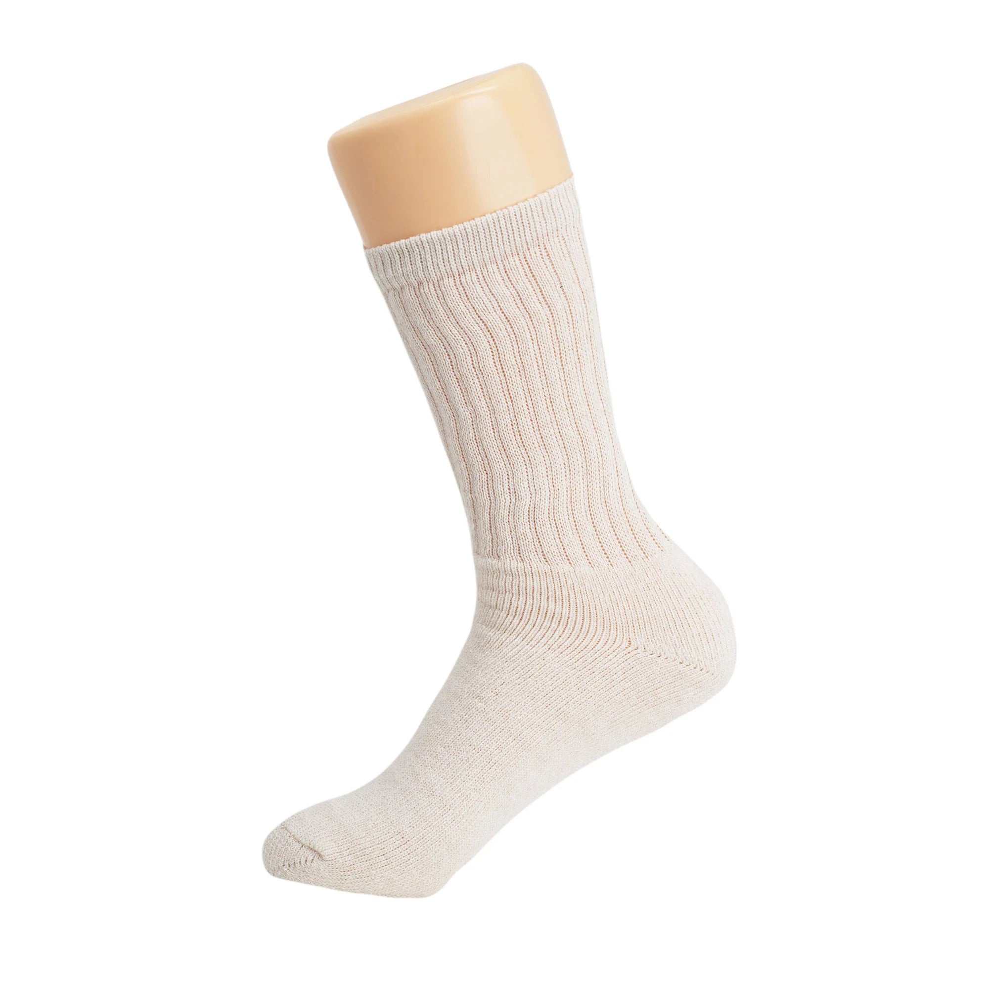 Ecru cotton crew sock displayed on a mannequin, soft and breathable with ribbed texture for added comfort.