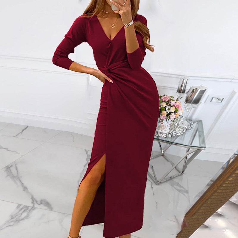 V Neck Long Sleeved Split Dress Evening Gift