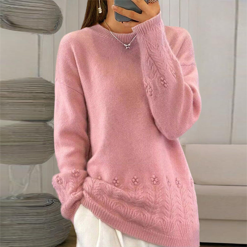 Women's Solid Color 3D Floral Embroidered Sweater, Loose Round Neck Long Sleeve Pullover For Autumn & Winter