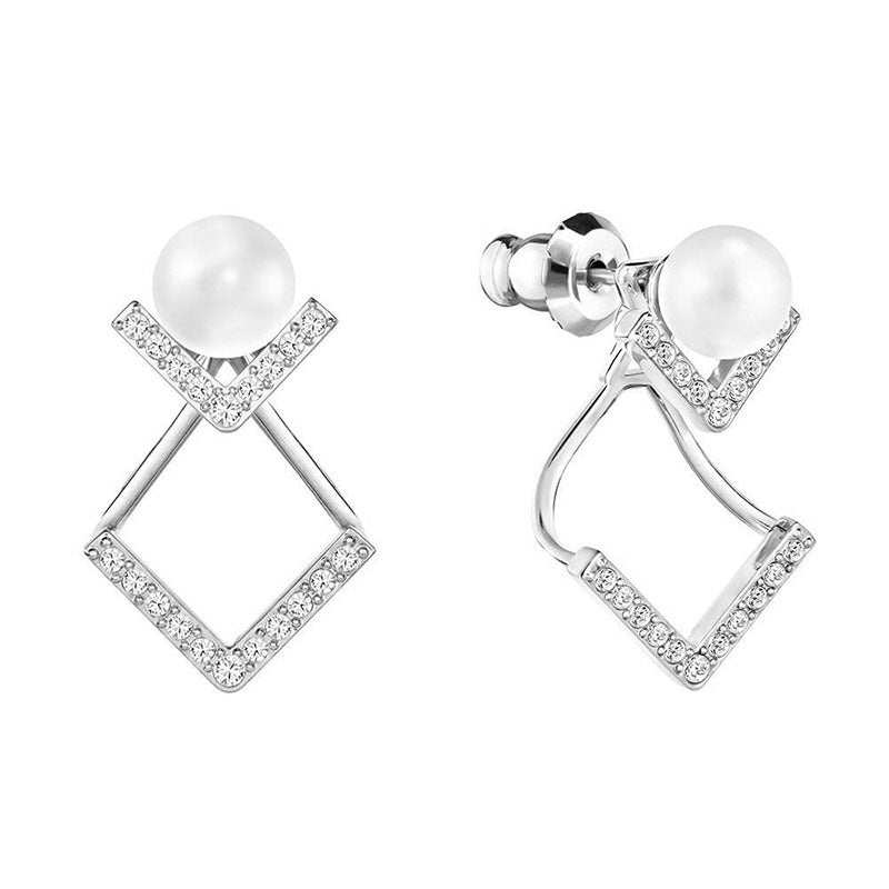 Silver earrings with diamond-accented geometric design and pearl accents Diamond-Accented Pearl Jewelry