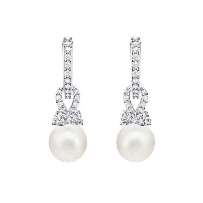 Pair of elegant diamond-accented pearl drop earrings in alloy with electroplated finish