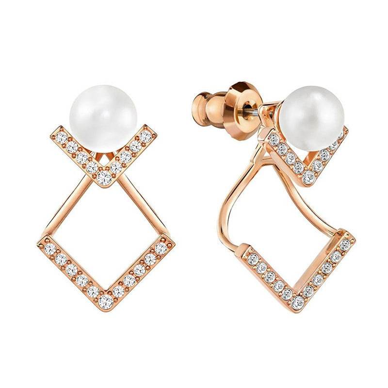 Rose gold diamond-accented pearl stud earrings with geometric design