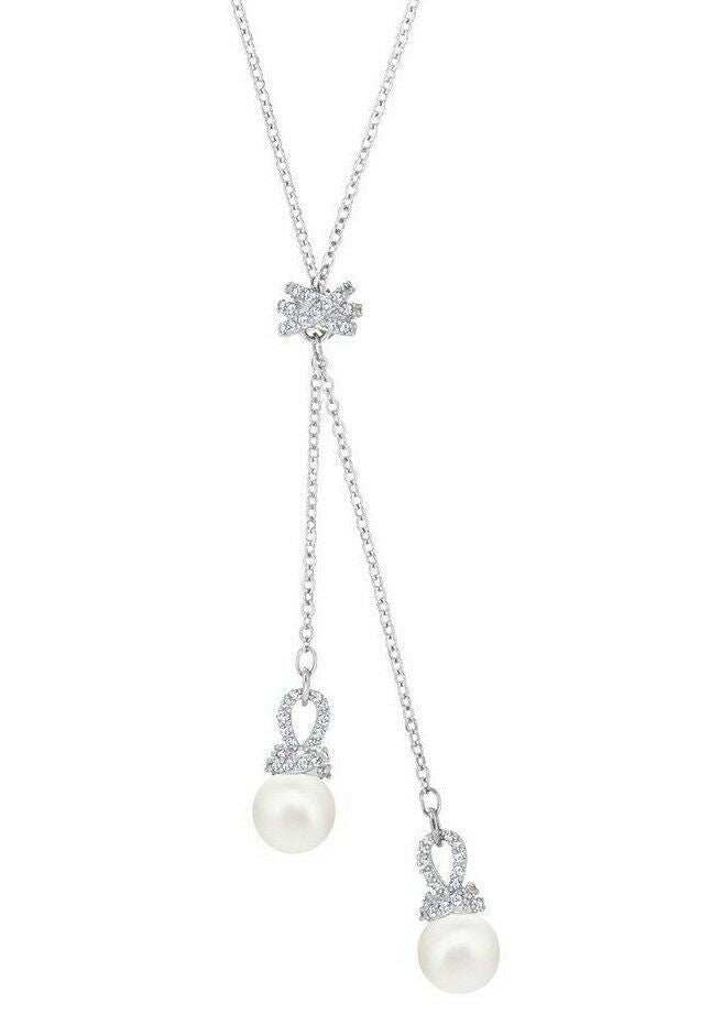 Elegant diamond-accented pearl necklace with silver alloy chain and artificial gemstones