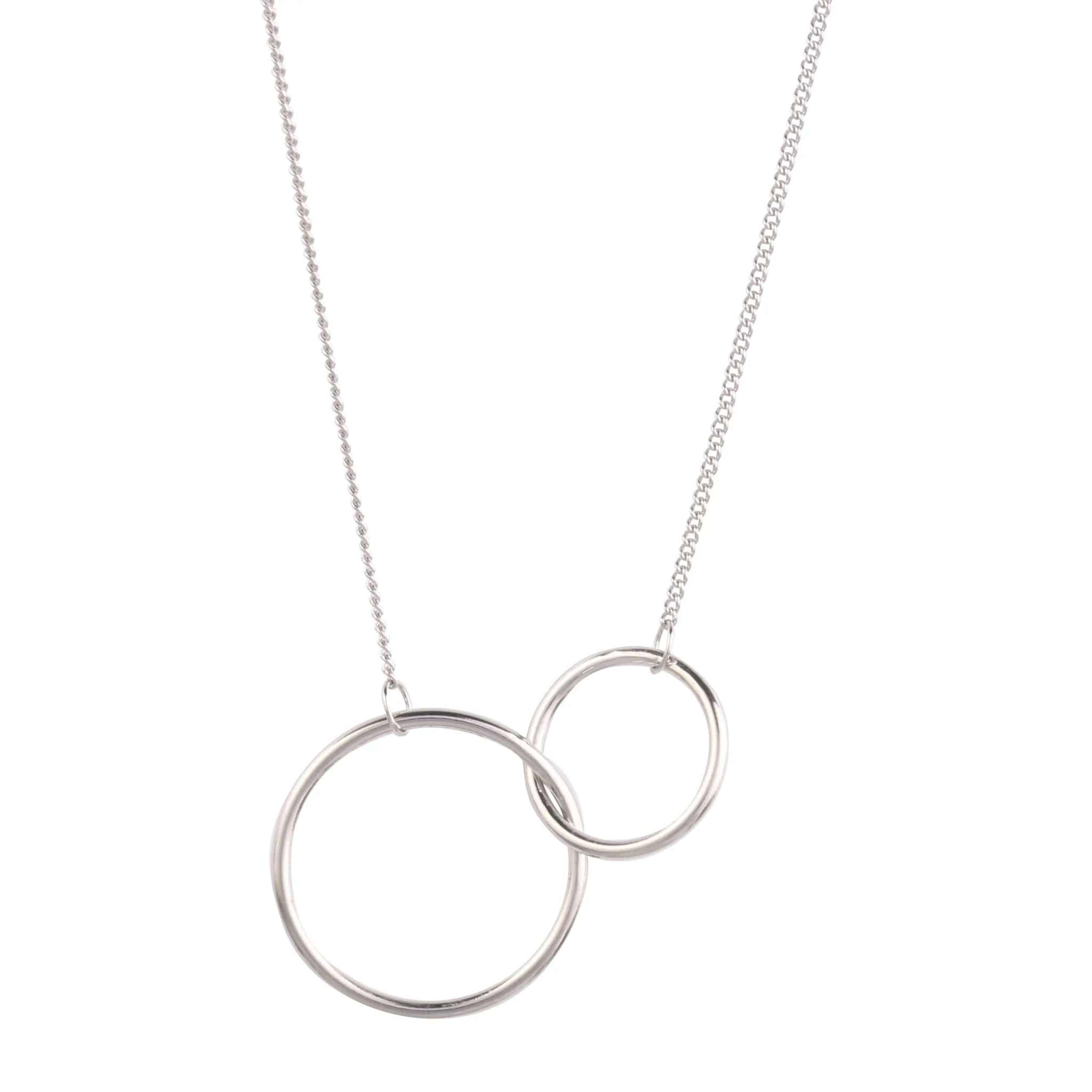 Elegant two circle interlocking pendant necklace in 925 sterling silver on a delicate chain.