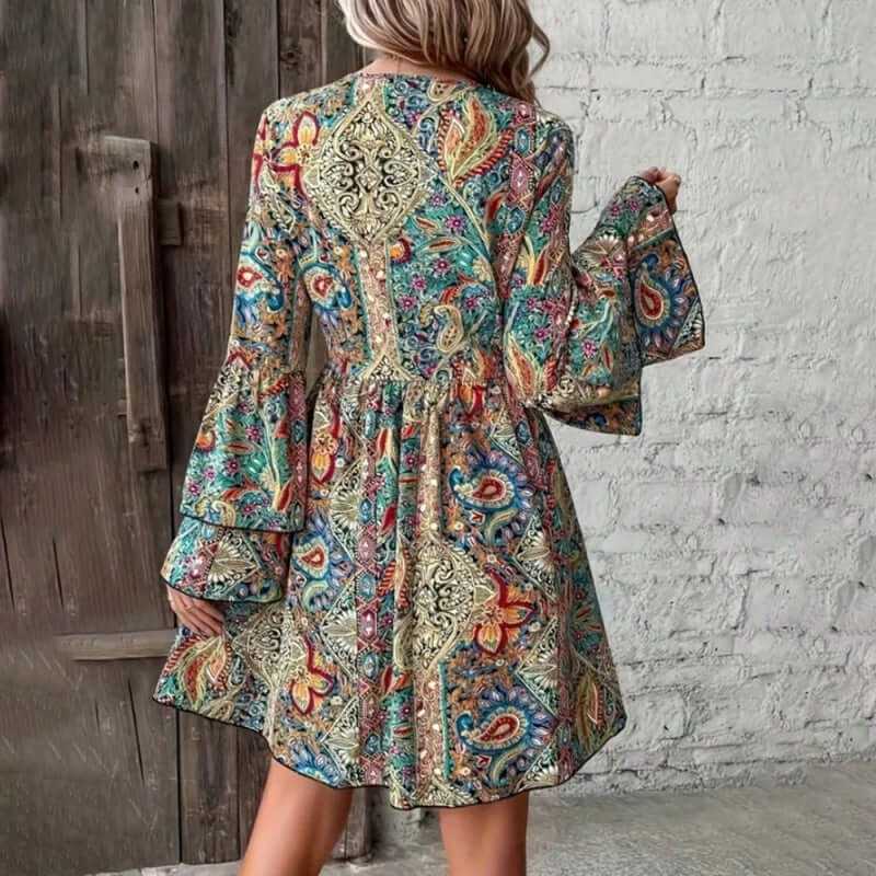 Elegant floral print dress with layered bell sleeves, perfect for summer parties and holidays.