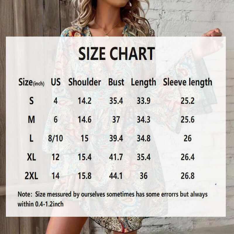 Size chart for women's floral print dress showing measurements for S, M, L, XL, and 2XL sizes.