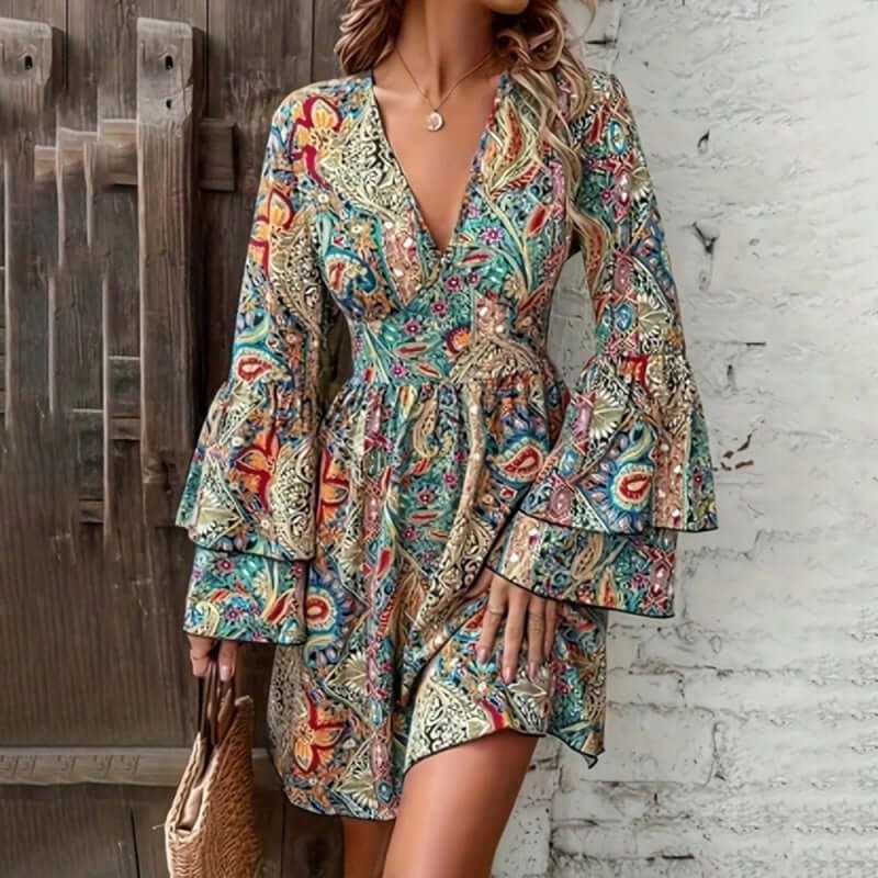 Elegant V-Neck floral print dress with layered bell sleeves, perfect for spring and summer parties.