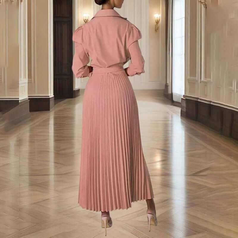 Back view of women's pleated maxi dress in pink, featuring a cross V-neck and lapel design, perfect for spring and fall.