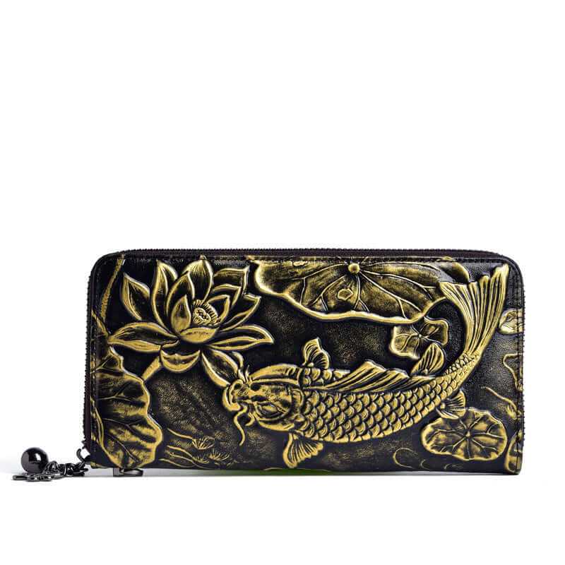 Embossed vintage women's cowhide leather wallet featuring a koi fish and lotus design, combining elegance with durability.