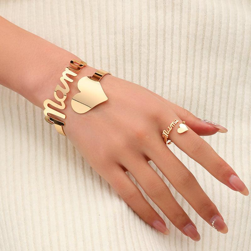 Gold European and American letters "Mama" bracelet and ring set with heart design on hand