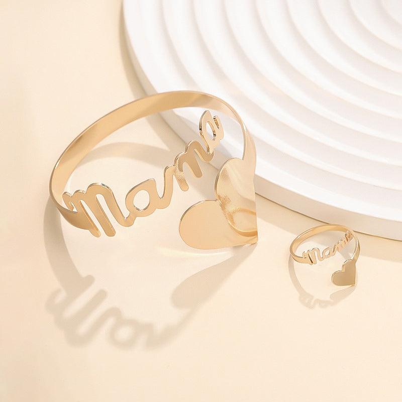 European and American letters Mama bracelet and ring set in gold tone zinc alloy with heart design