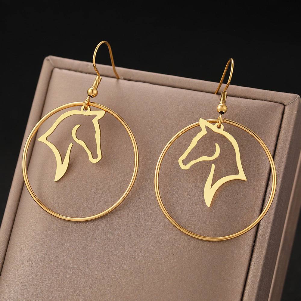 European and American minimalist stainless steel horse design hoop earrings in gold-tone