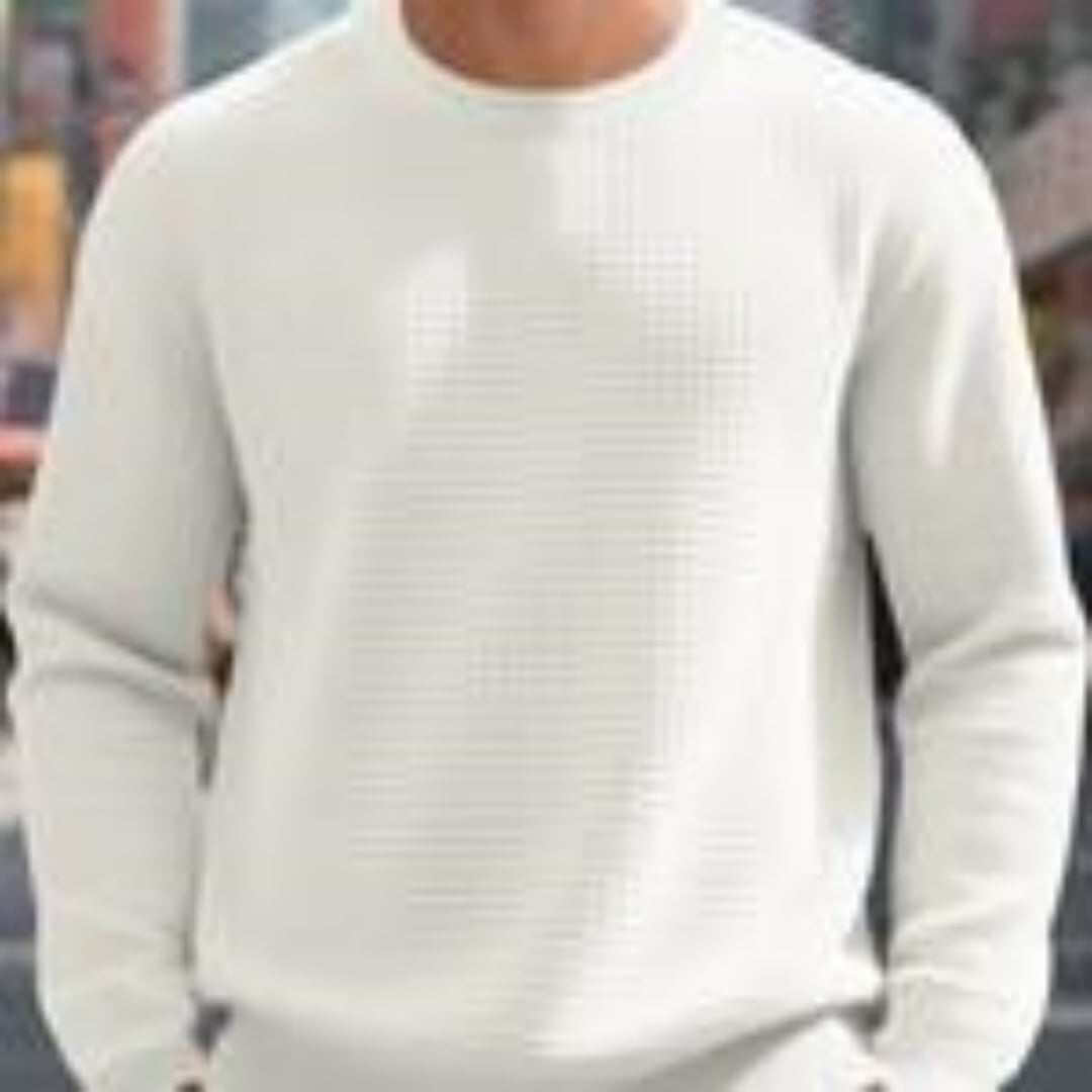 men's white jacquard round neck hoodie with long sleeves and textured design