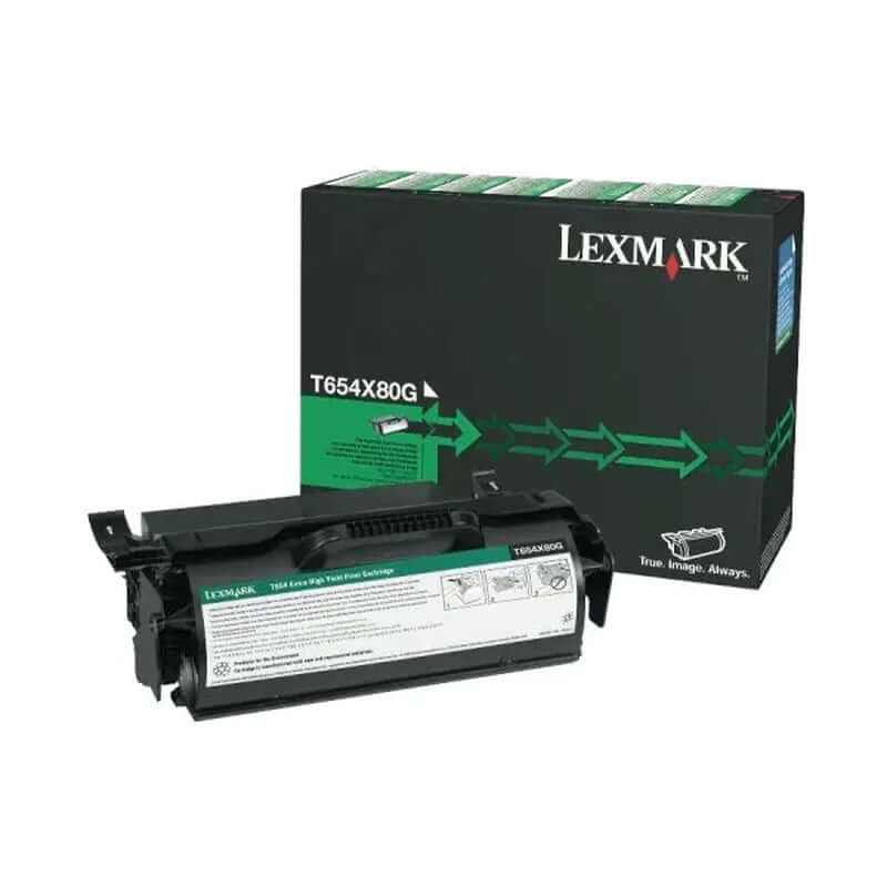 Lexmark T654X80G black toner cartridge with packaging for high yield printing.