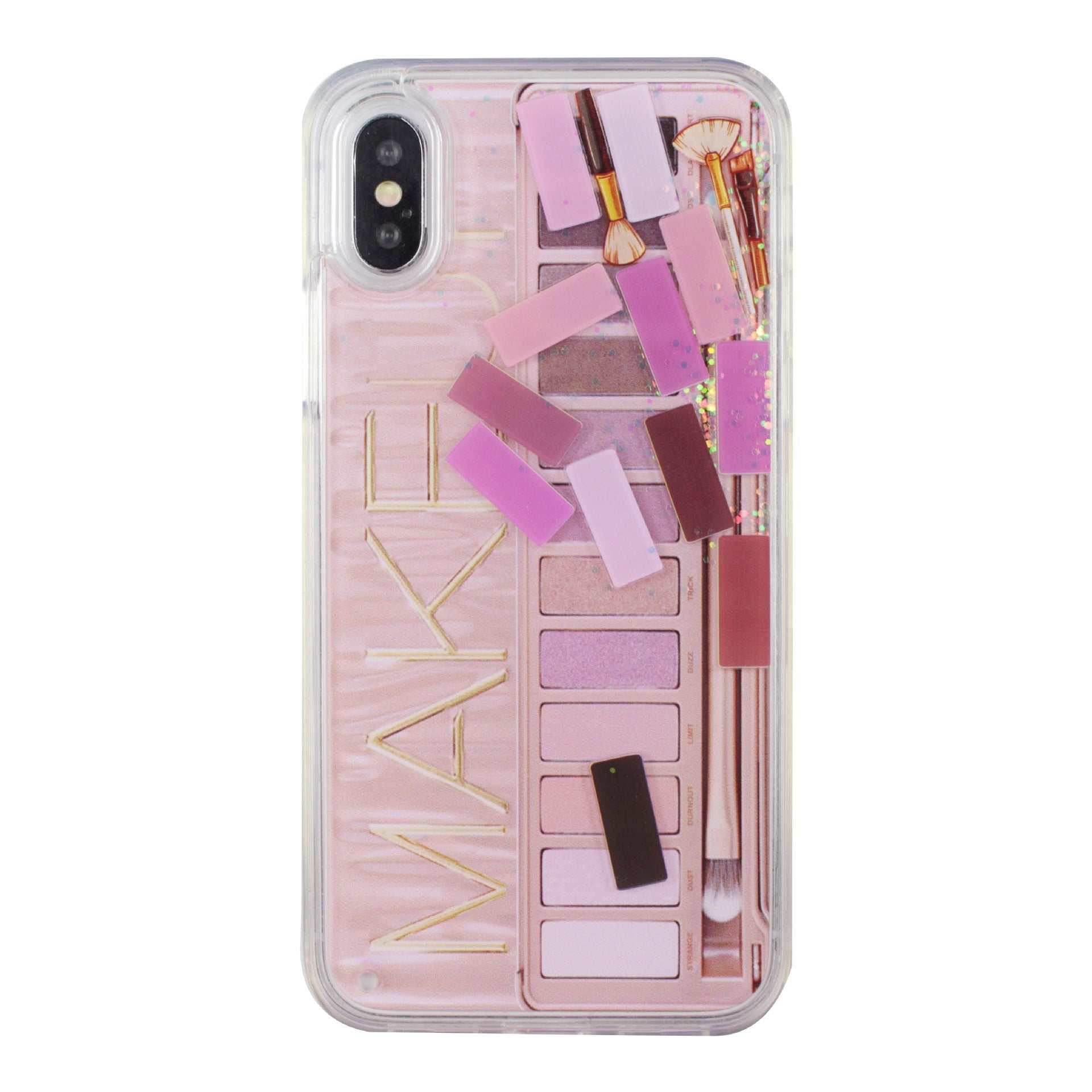 Clear iPhone case with pink eyeshadow palette cosmetics design and makeup tools print