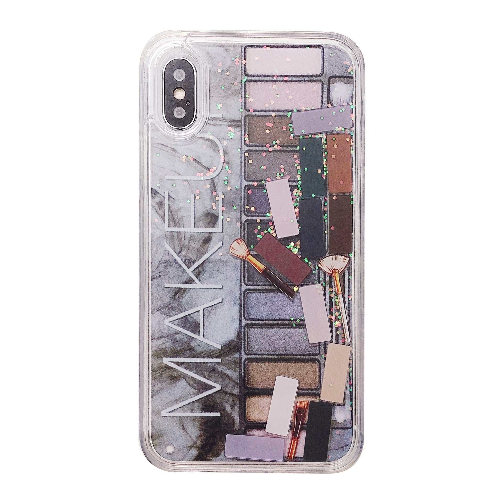 Transparent iPhone case with eyeshadow palette cosmetics design and glitter accents