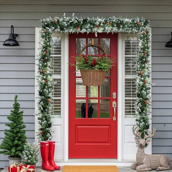 Pre-lit snow flocked Christmas garland beautifully framing a red front door with festive decor and a wreath.