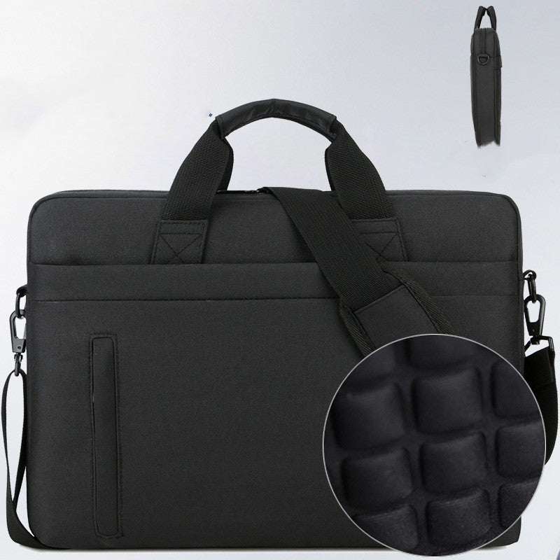 Waterproof shoulder bag for laptops shown in black nylon with padded details and adjustable strap.