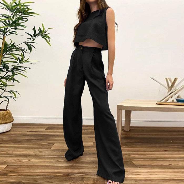 Solid Color Round Neck Sleeveless Vest Top And Trousers