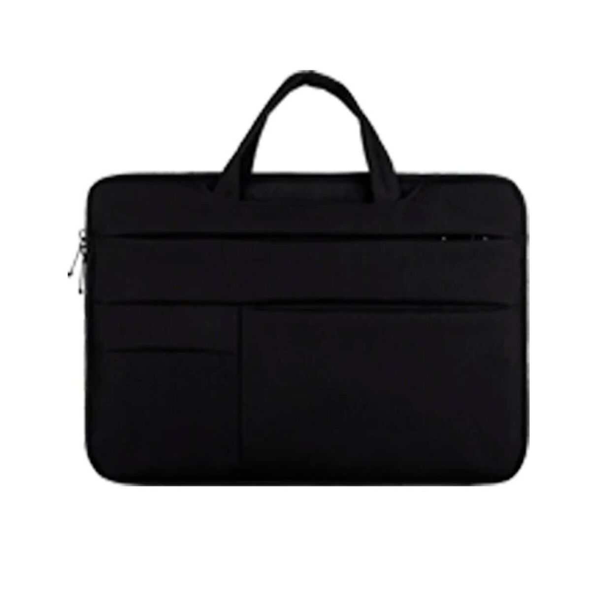 Black laptop bag with shoulder strap featuring modern design and multiple pockets.