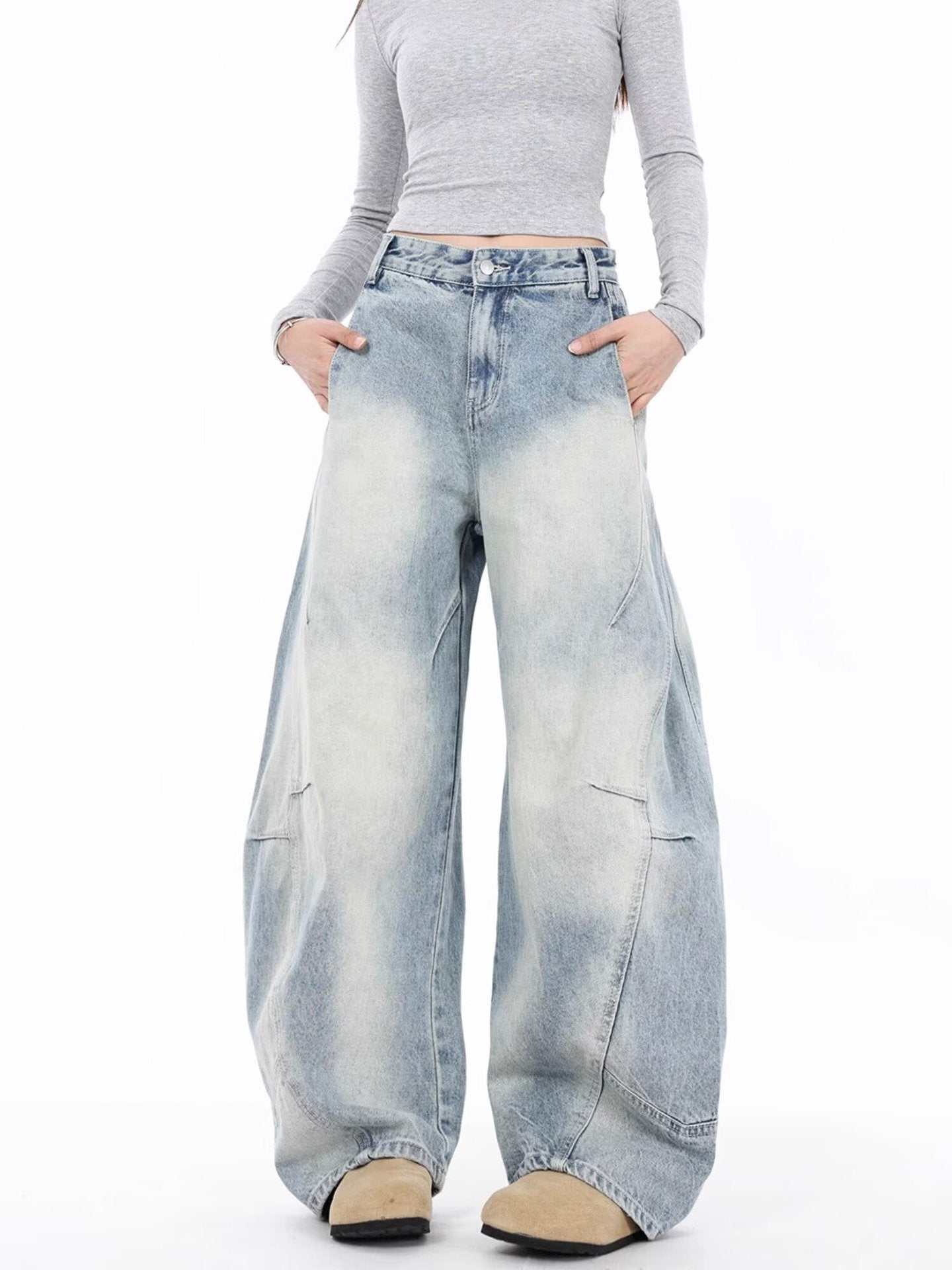Vintage Distressed Straight Wide Leg Jeans