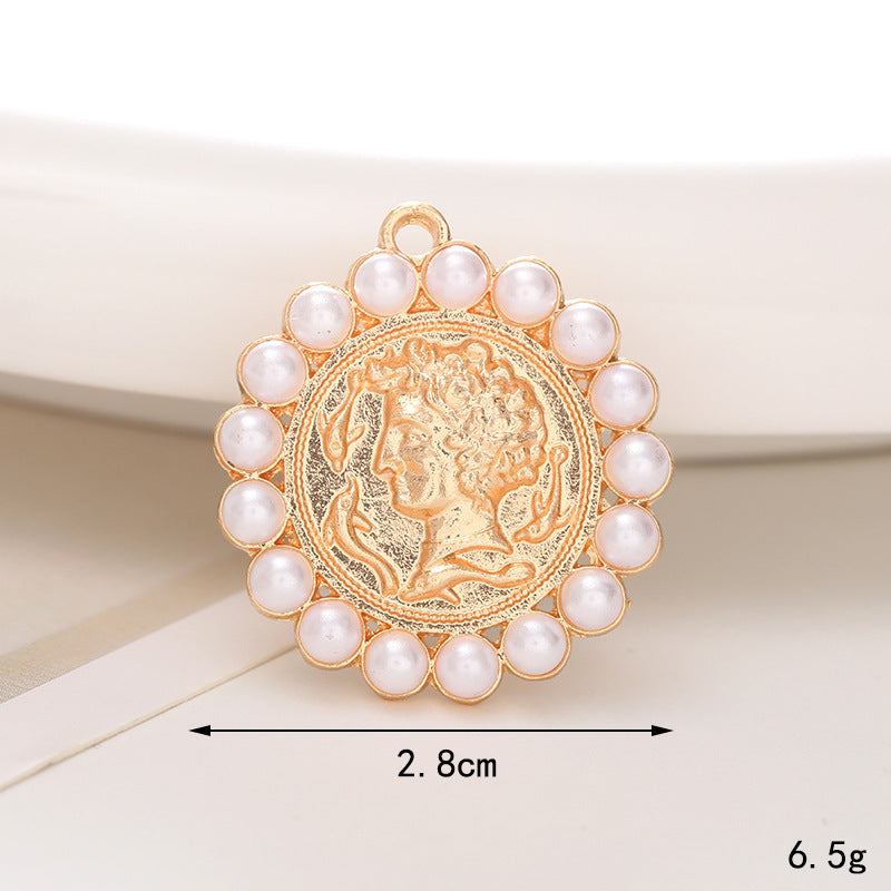 Gold pendant with pearl beads bordering a detailed coin design, ideal for jewelry embellishments or DIY projects.