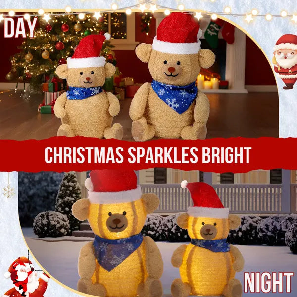 Set Of 2 Lighted Plush Bear Christmas Decorations, Pre-lit Pull Up Holiday Decor With 60 Warm White LED Lights For Xmas Outdoor Indoor Decor Lighted Holiday Displays
